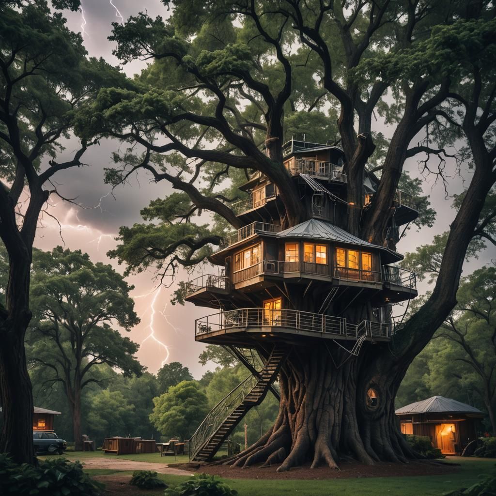 Cinematic Treehouse with Spaceship in Background