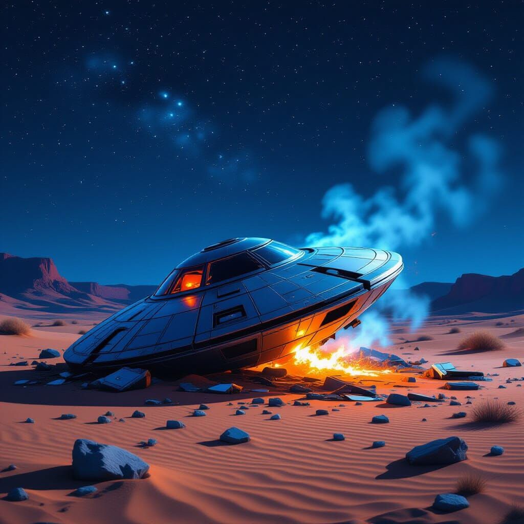 Crashed UFO in Desert Night - Realistic Concept Art