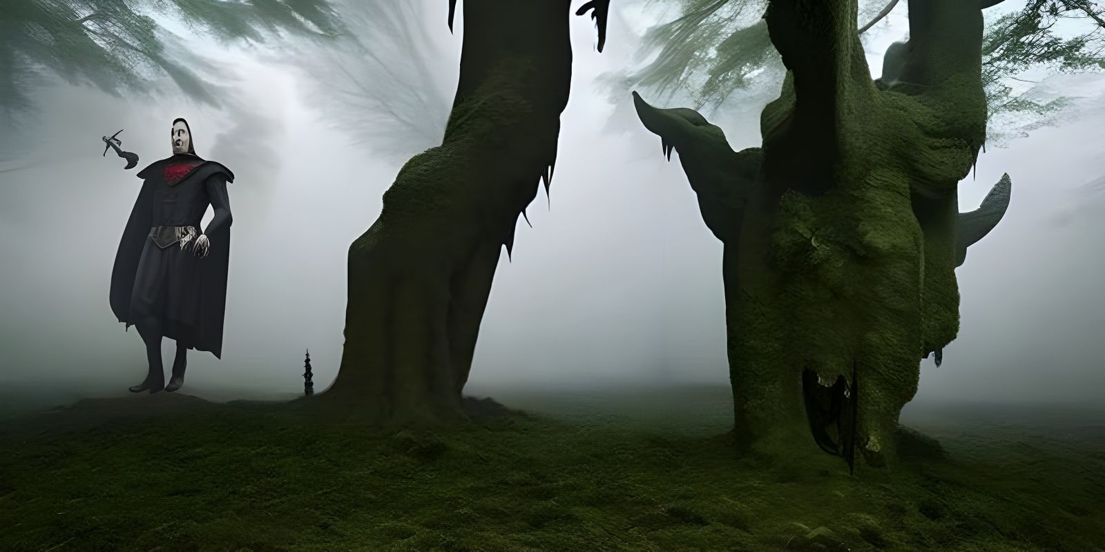 Treant and elf familiar in the spooky forest