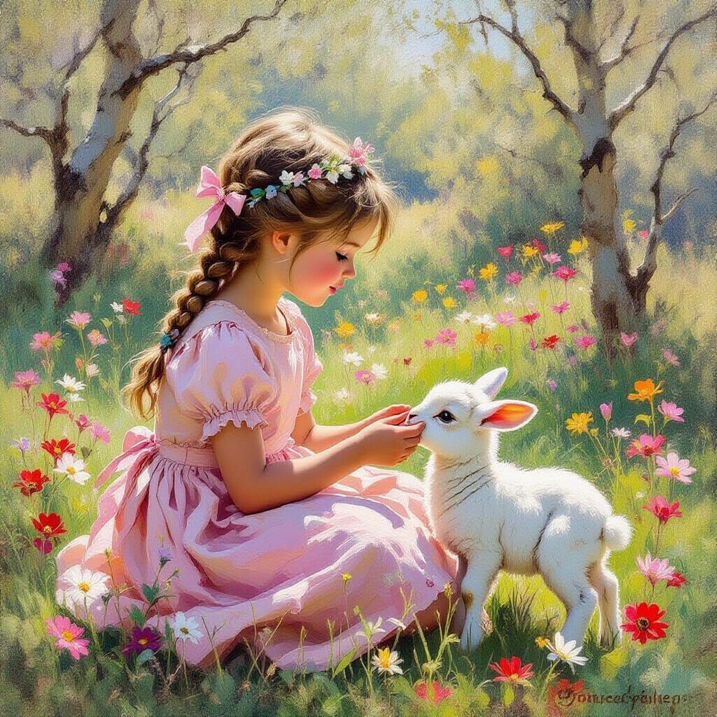 Girl and Lamb in Impressionistic Fairy Tale