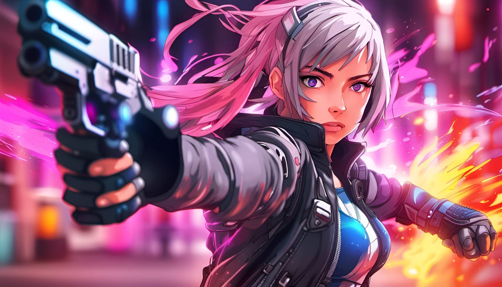 Anime portrait full body action scene 4k Dual-pistol female fighter grafitti colorful octane render "anime" Manga Anime ...