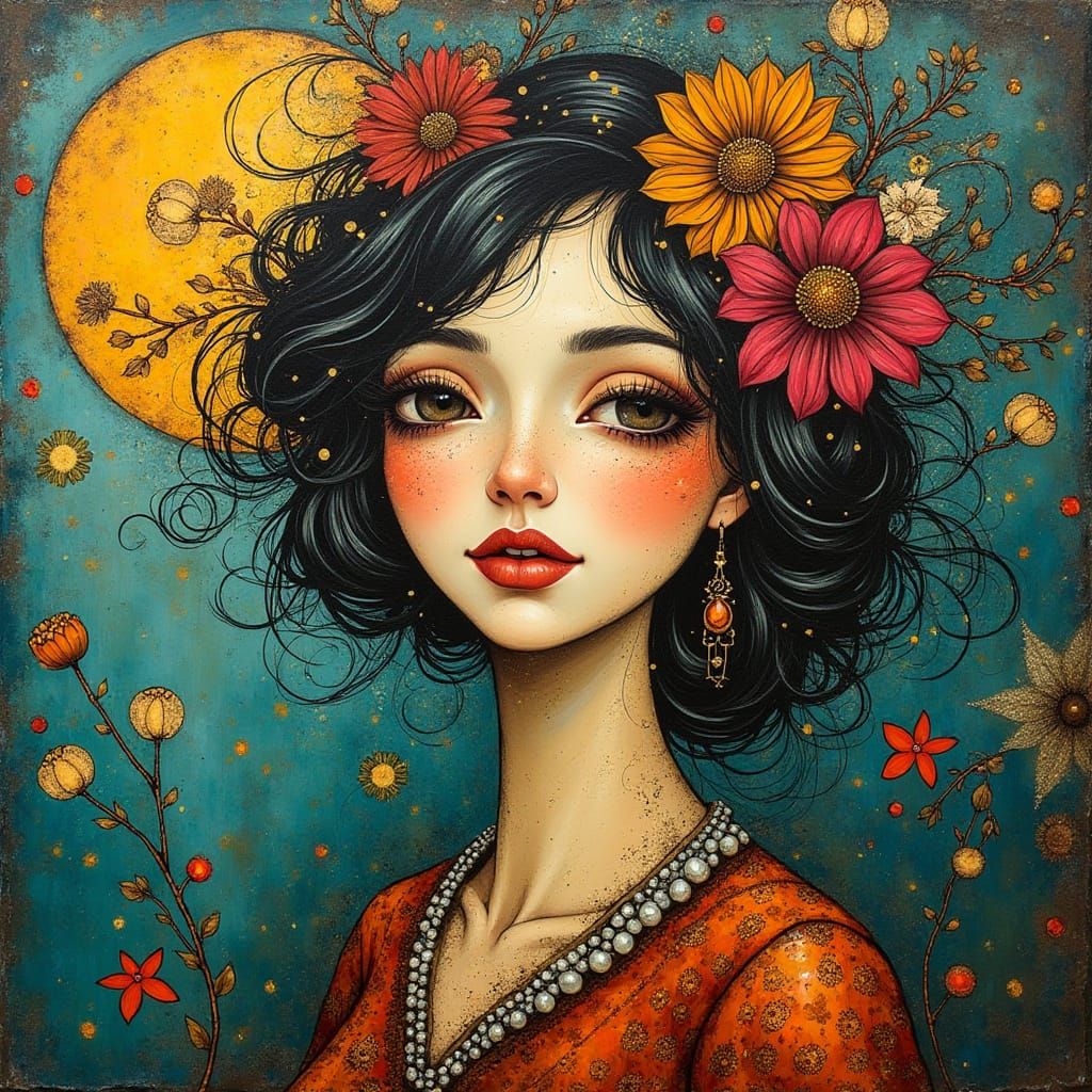 Folk Art Woman with Grunge and Alcohol Ink