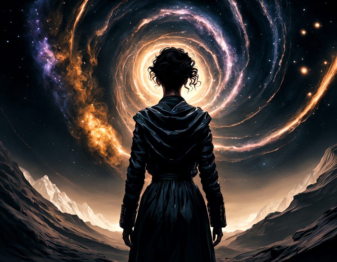 Woman in Cosmic Stardust, Dramatic Shadows, Dark Fantasy Art