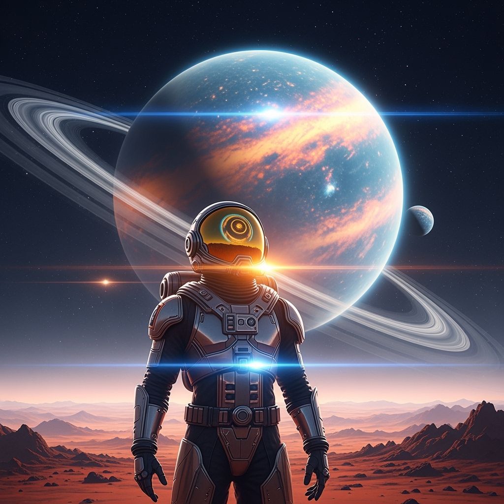 Astronaut Gazes at Ringed Gas Giant on Alien World