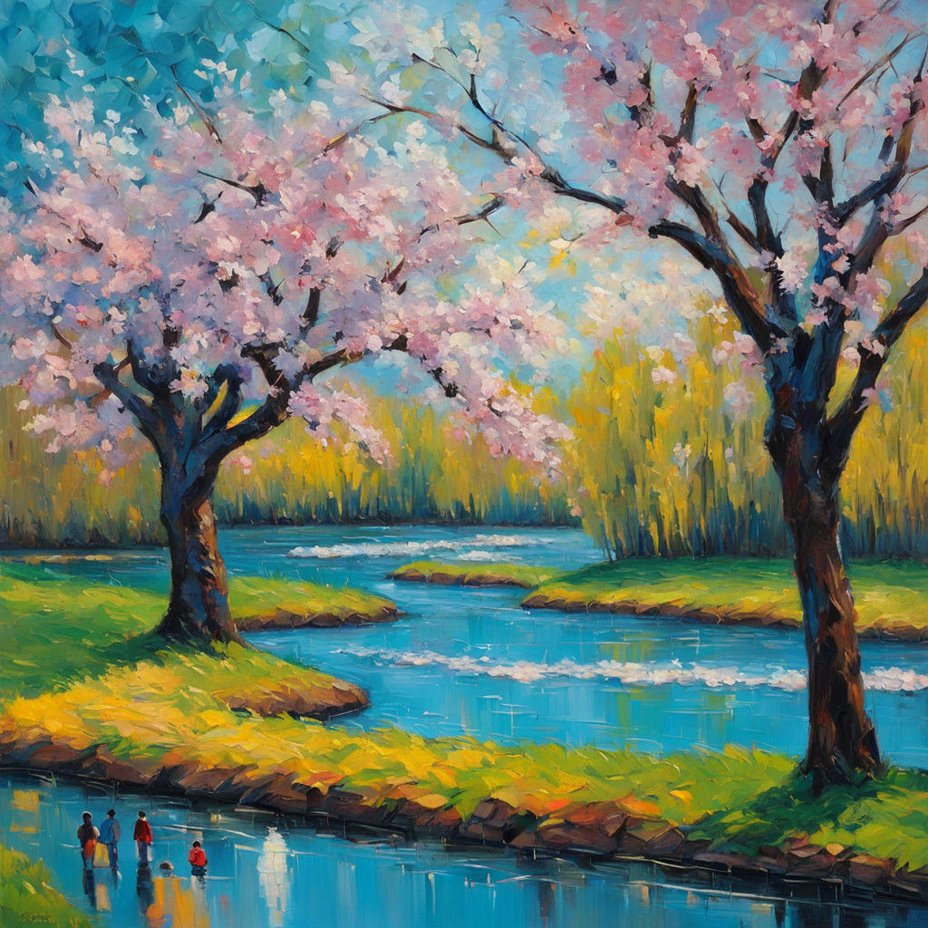 Neo-expressionist Oil Painting of Serene Riverbank Scene