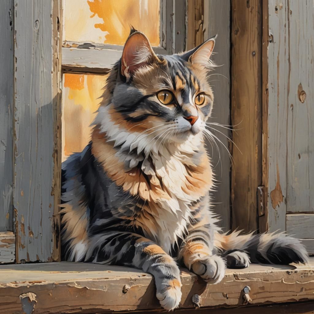 Calico Cat on Windowsill: Folk-Art Inspired Oil Painting