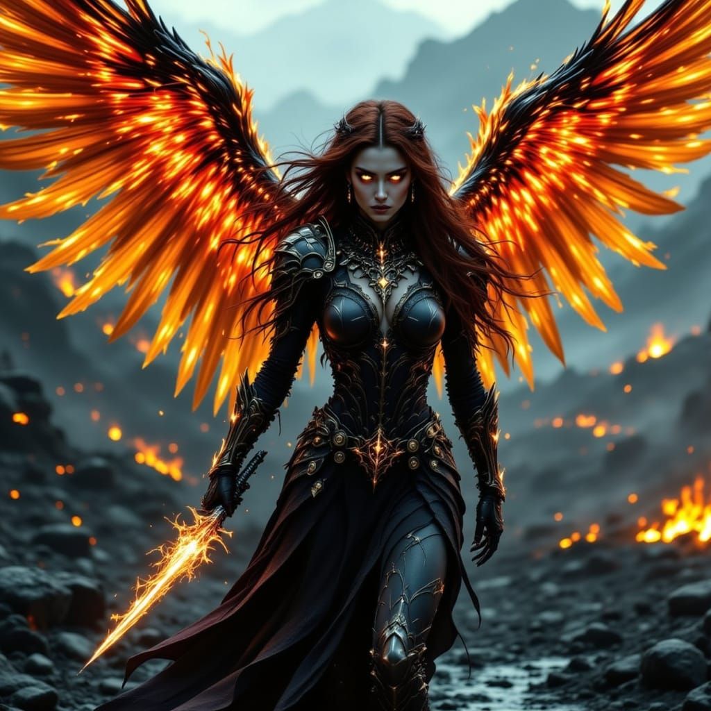 Flame Angel in Tech Armor on Barren Ground