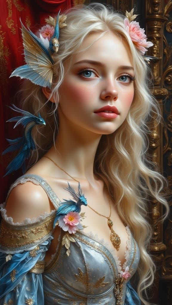 Enchanting Woman and Dragon in Castle Interior