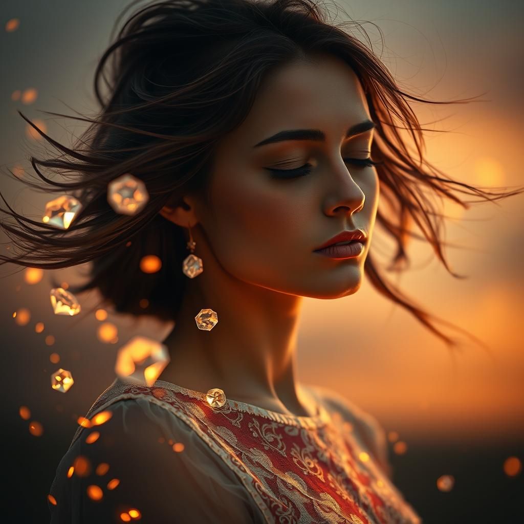 Woman in Dusk Light with Diamonds, Art Nouveau Style