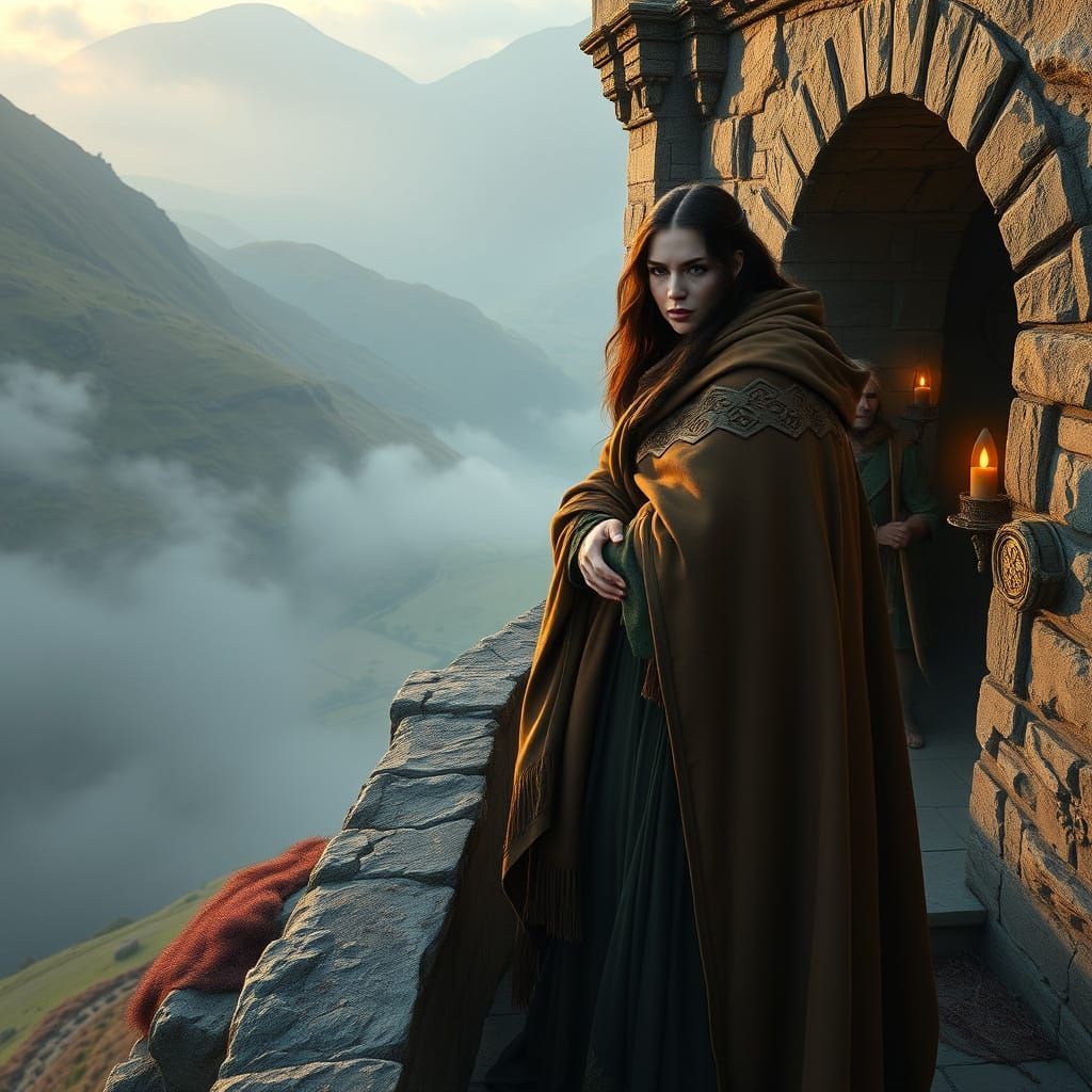 Regal Celtic Queen in Earthy Tones Stands Proudly on Ancient...