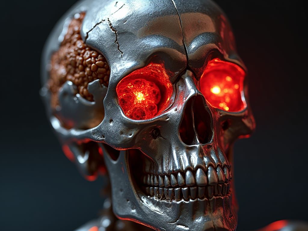 Polished Metallic Skull with Intricate Convolutional Brain M...