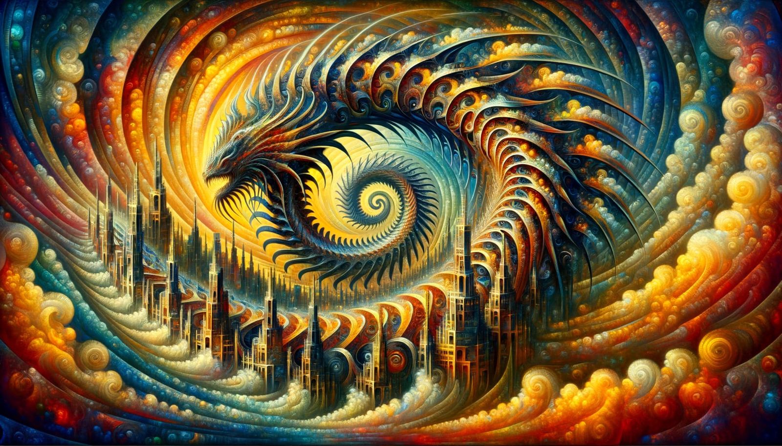 Surreal Dragon Twisting Through Abstract Cityscape