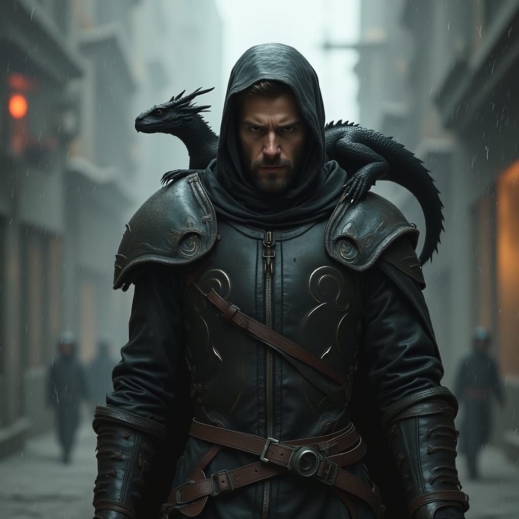 Armored Character with Dragon in Dystopian City