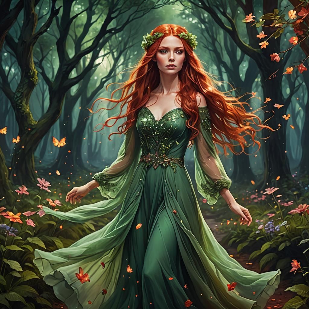Red-Haired Woman in Fantasy Night Forest