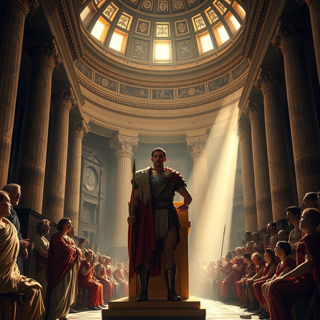 Caesar Addresses the Roman Senate in Grand, Chiaroscuro-Styl...