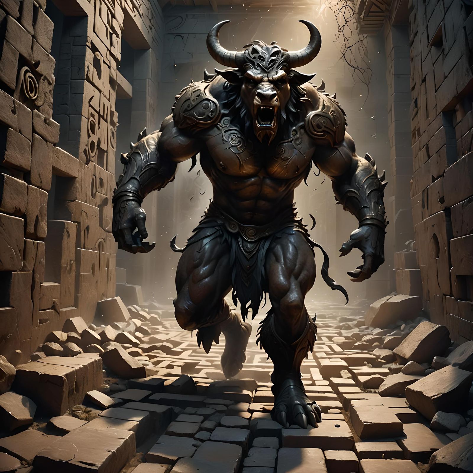 Fearsome Minotaur Roars Through Collapsing Labyrinth