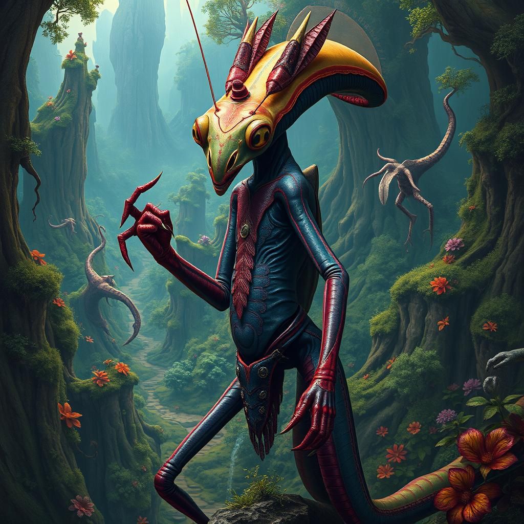 Heroic Alien Mantis in Mystical Landscape