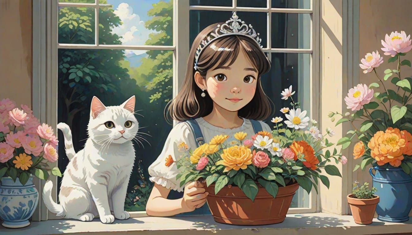 Ghibli Style Girl and Cat Picking Flowers