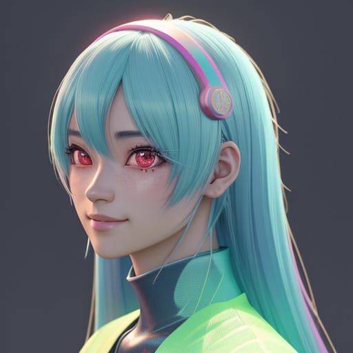 Smiling Anime Girl in 3D Art with Neon Accents