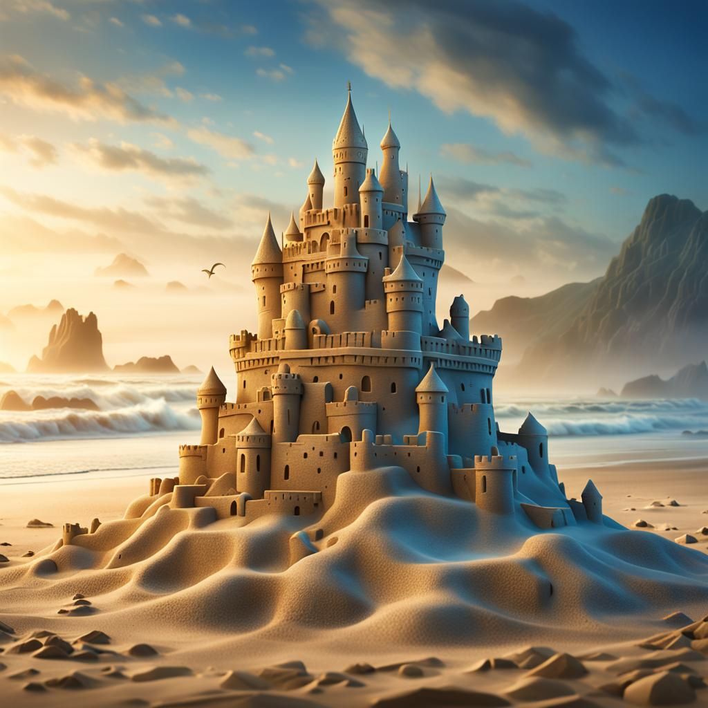Intricate Sandcastle on Misty Beach: Digital Art