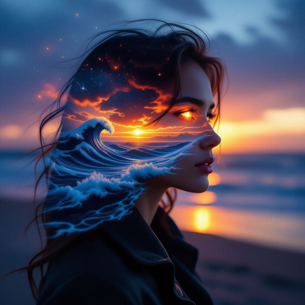 Surreal Woman Double Exposure with Stormy Sky