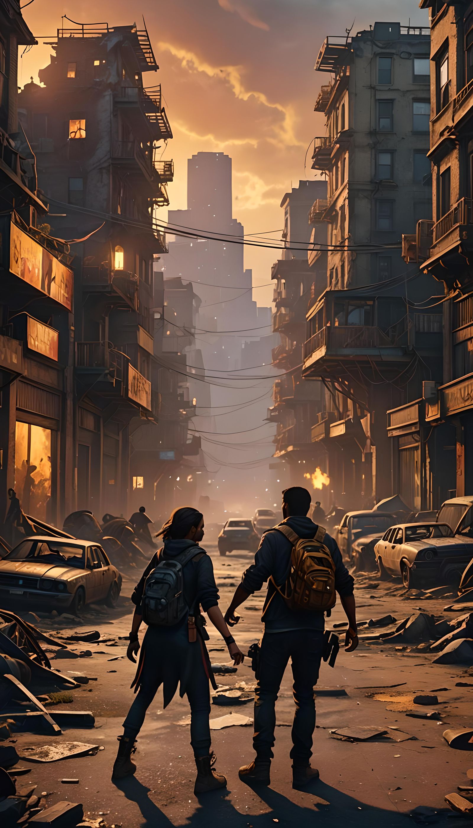Lovers Fighting Zombies in Post-Apocalyptic City