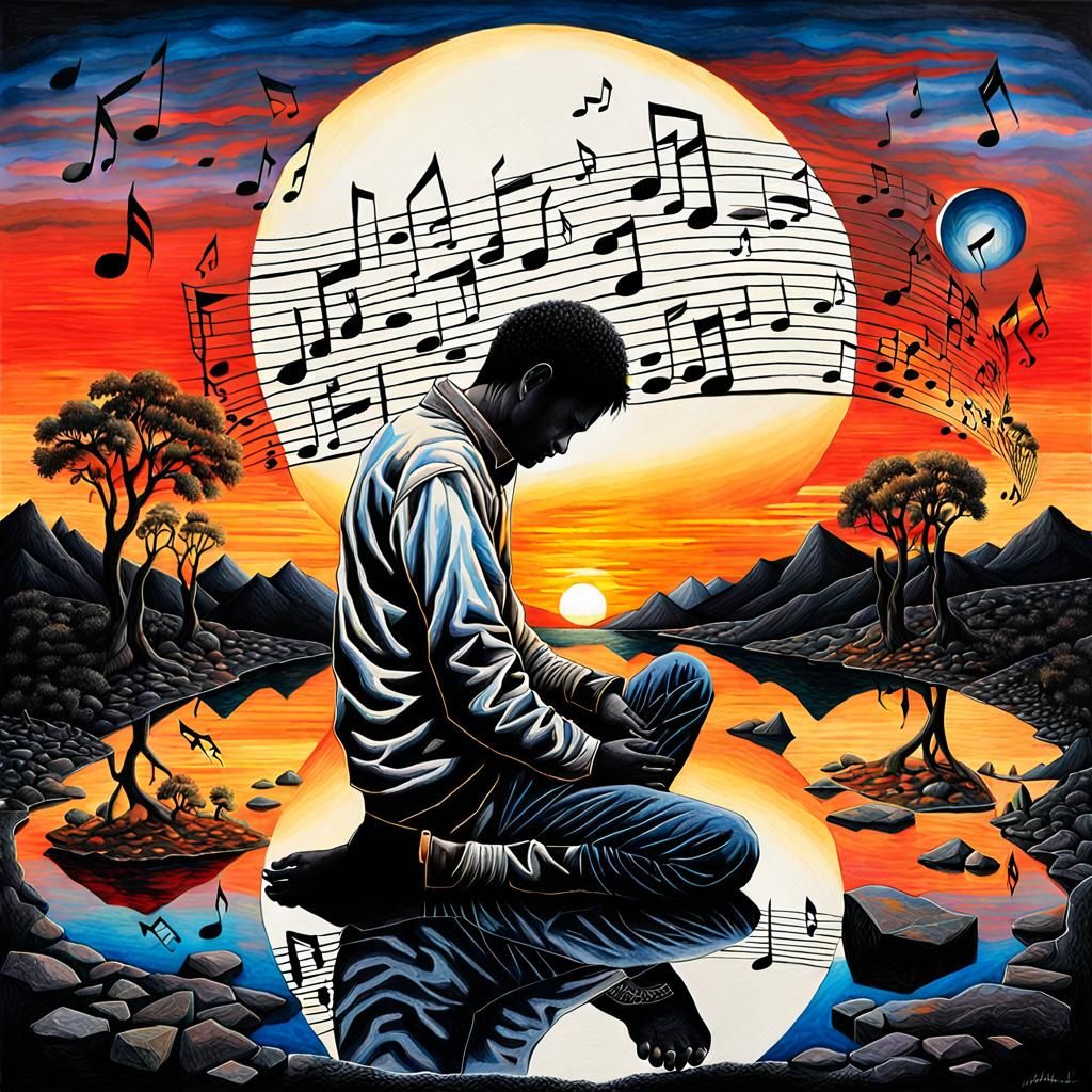 Surreal Drawing of Figure by Sunset with Bio Art