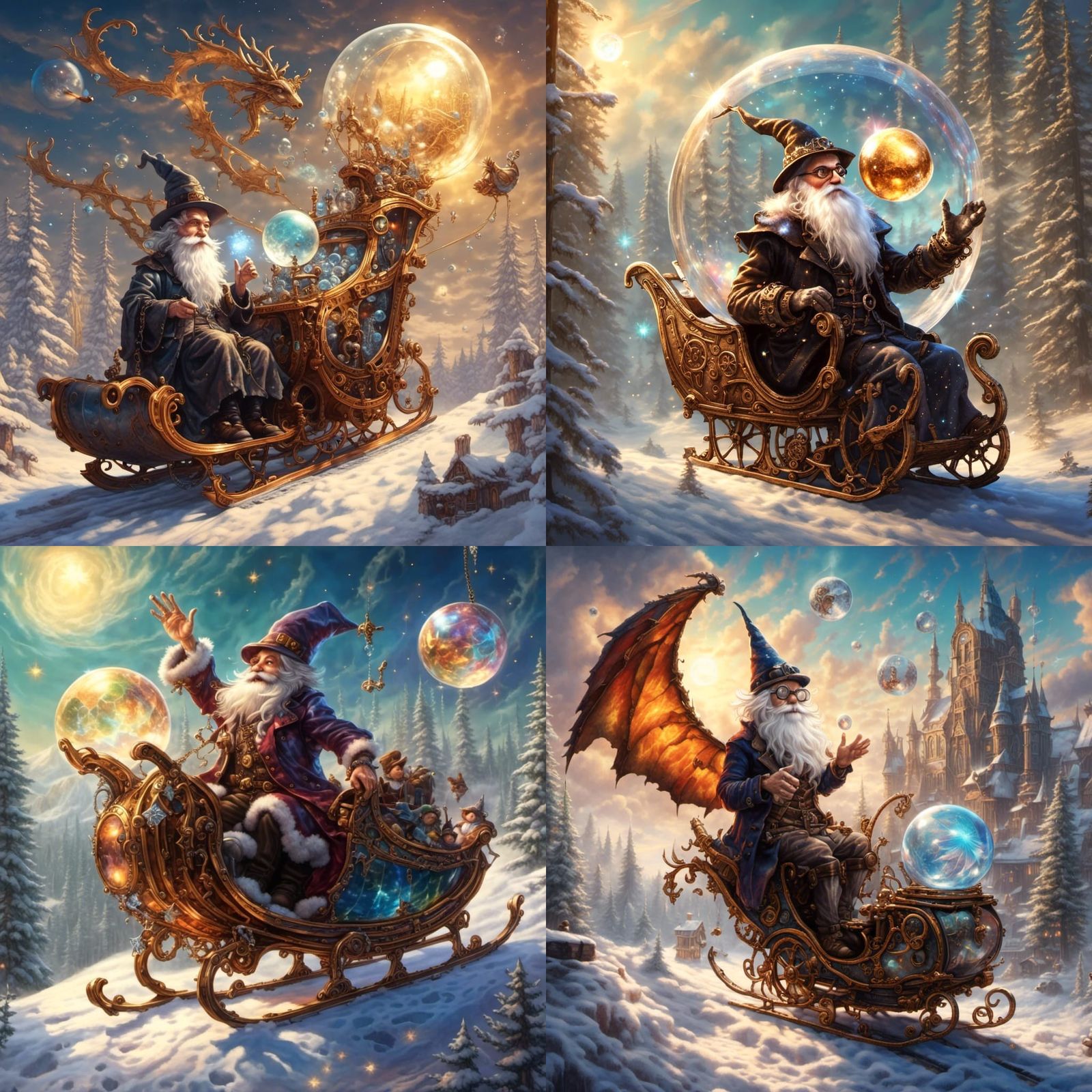 Steampunk Wizard in Flying Sleigh with Crystal Ball