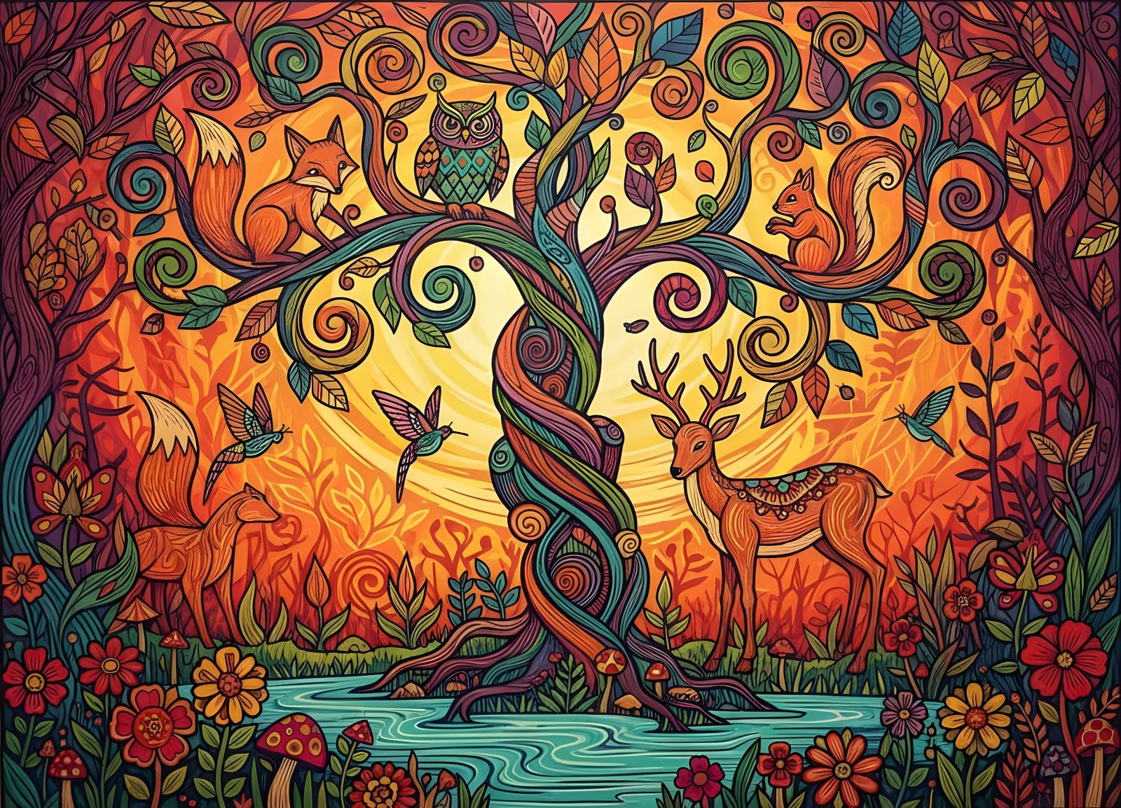 Whimsical Forest Scene with Animals in Linocut Style