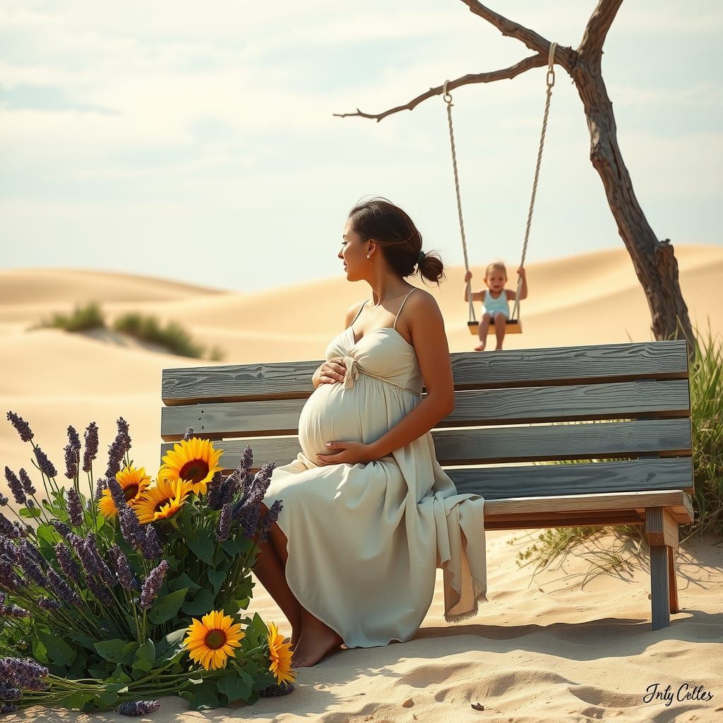Pregnant Woman with Flowers on Beach in Dreamy Light