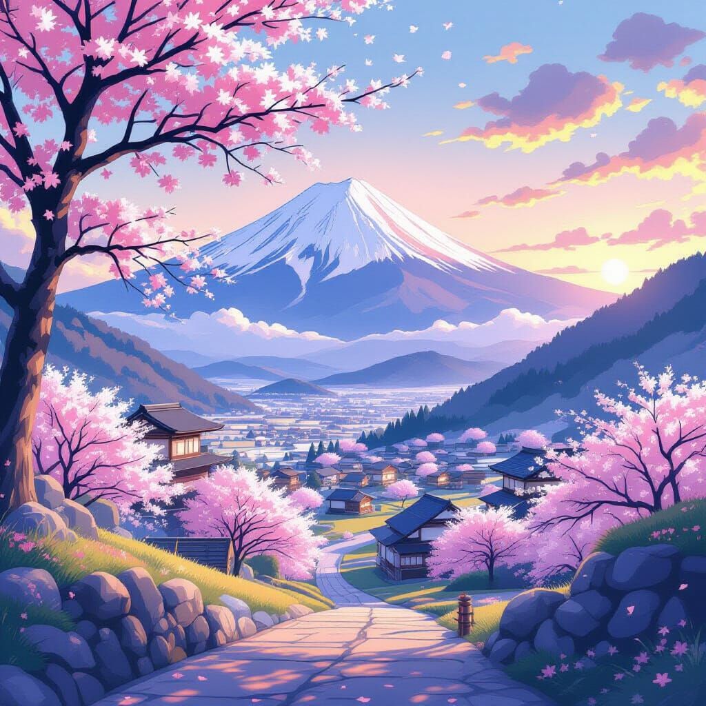 Serene Japanese Landscape at Dawn with Mount Fuji