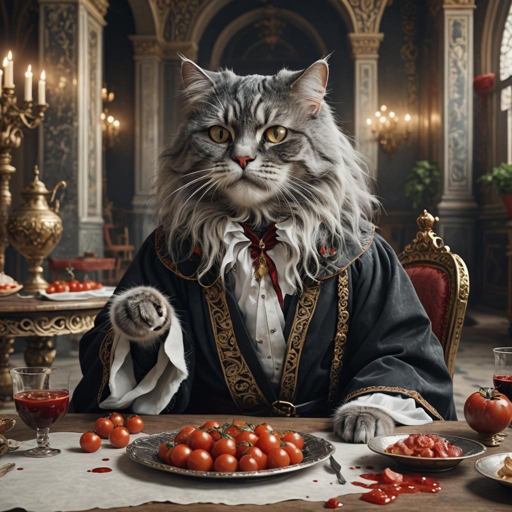 Noble Cat in Royal Robe Chewing Tomatoes
