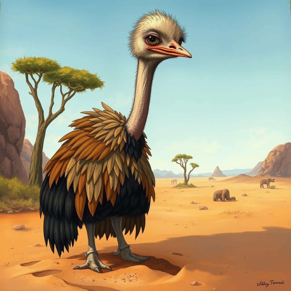 Desperate Ostrich Buried in Whimsical Savannah Landscape