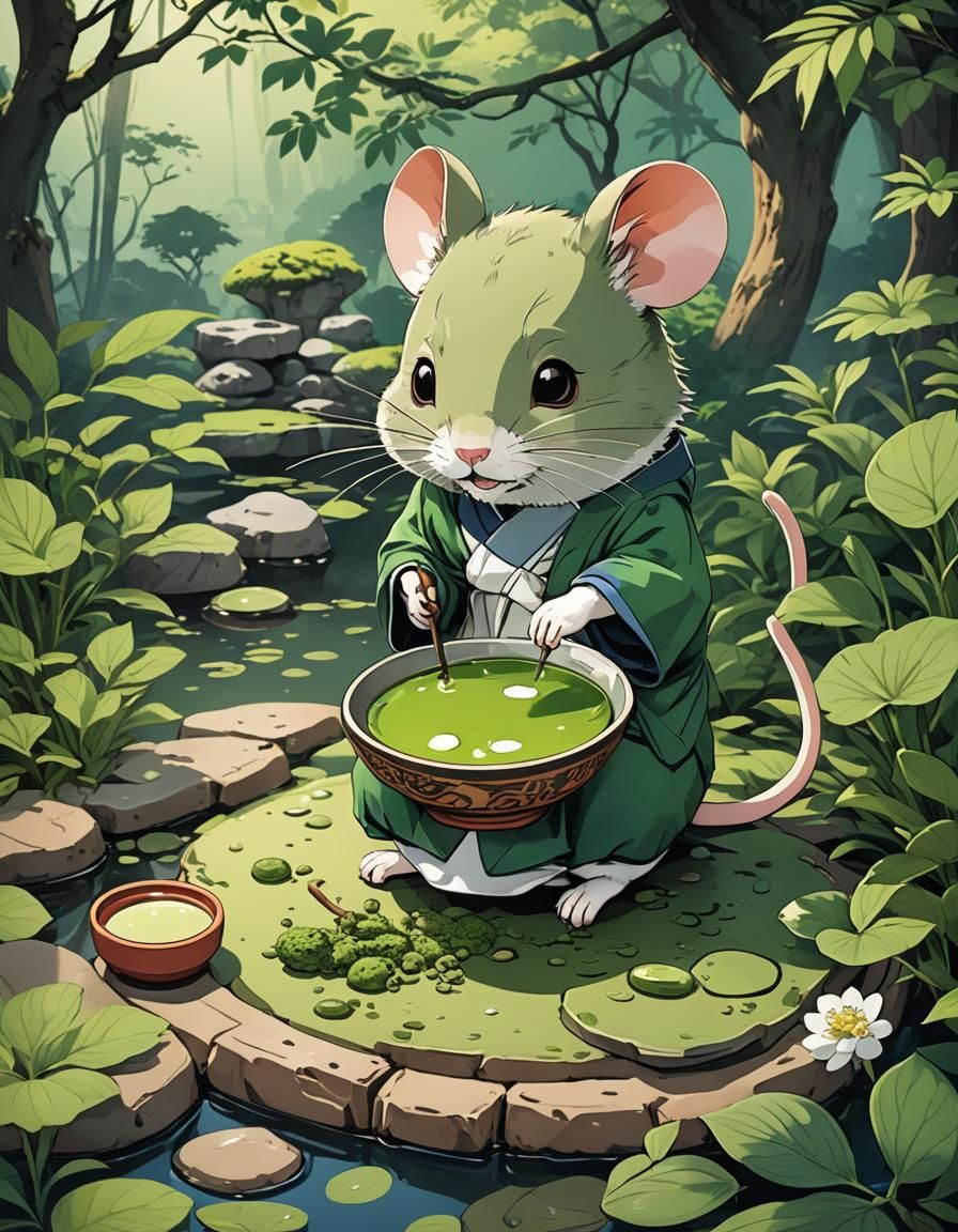 Matcha Tea Mouse in Japanese Garden: Anime Style