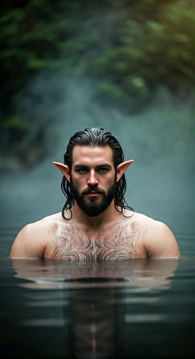 Handsome Forest Elf in Sensual Hot Spring Scene