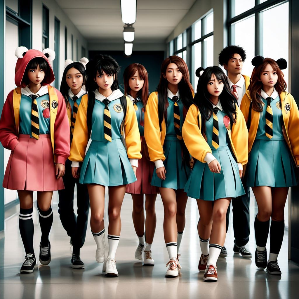 Stylish Panda Kigurumi High School Students in 3D Anime Art