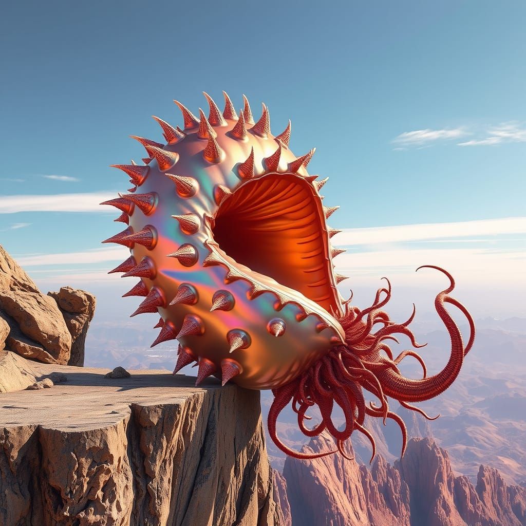 Iridescent Seed Pod Sculpture on Cliff Edge