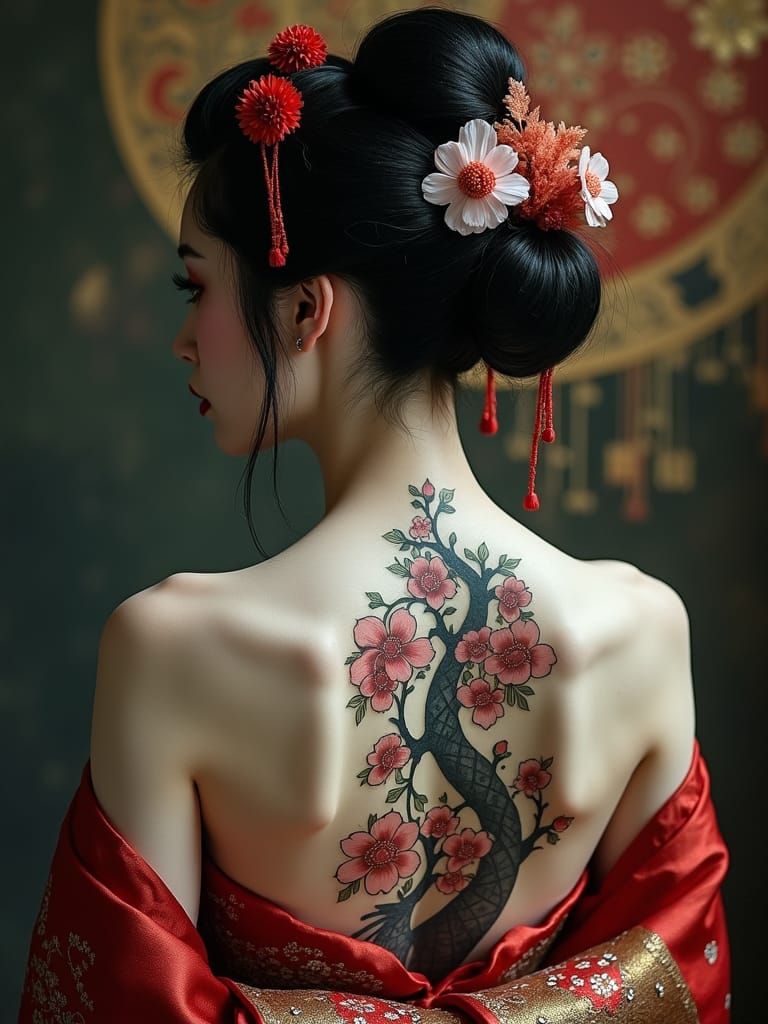 Geisha with Cherry Blossom Tattoo in Gothic Style