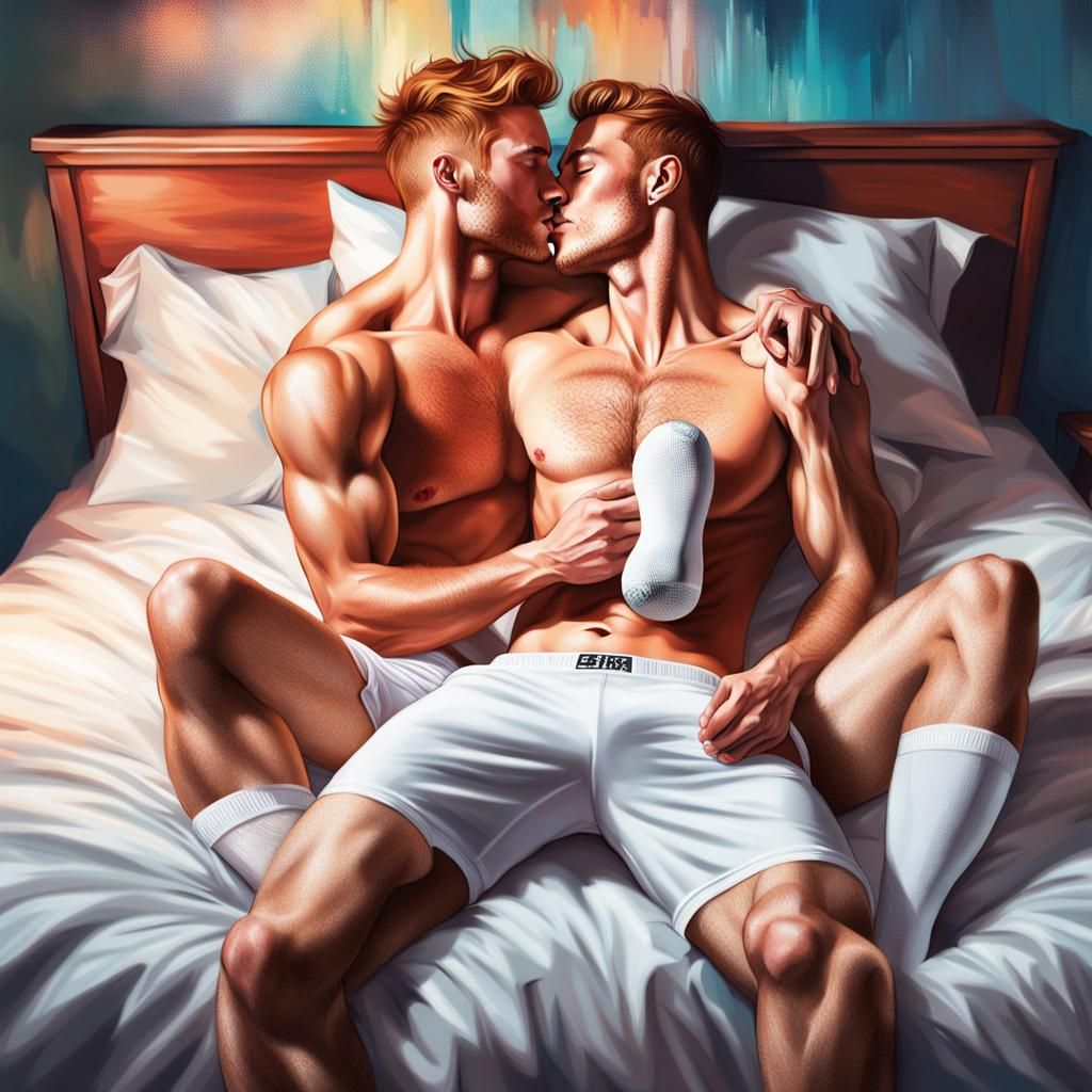 Hyperrealistic Kissing Men in Bed: Splash Art