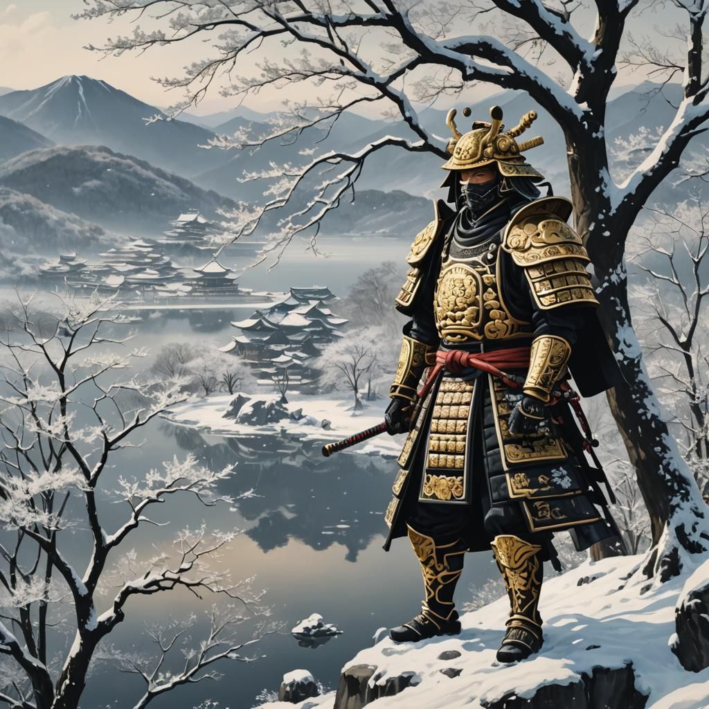 Shogun in Samurai Armor Overlooking Frozen Lake