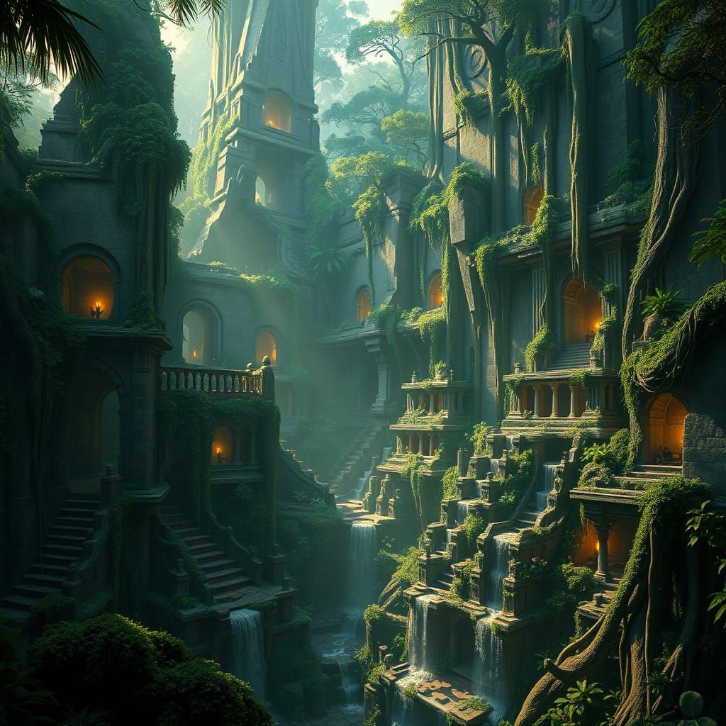 Lost Jungle City with Ancient Temples and Glowing Runes