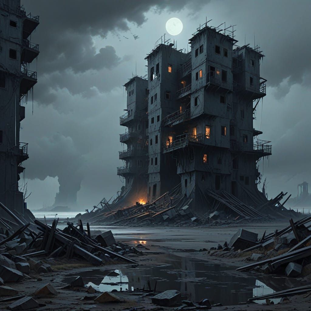 Black and White Post-Apocalyptic Ruins in Film Noir Style