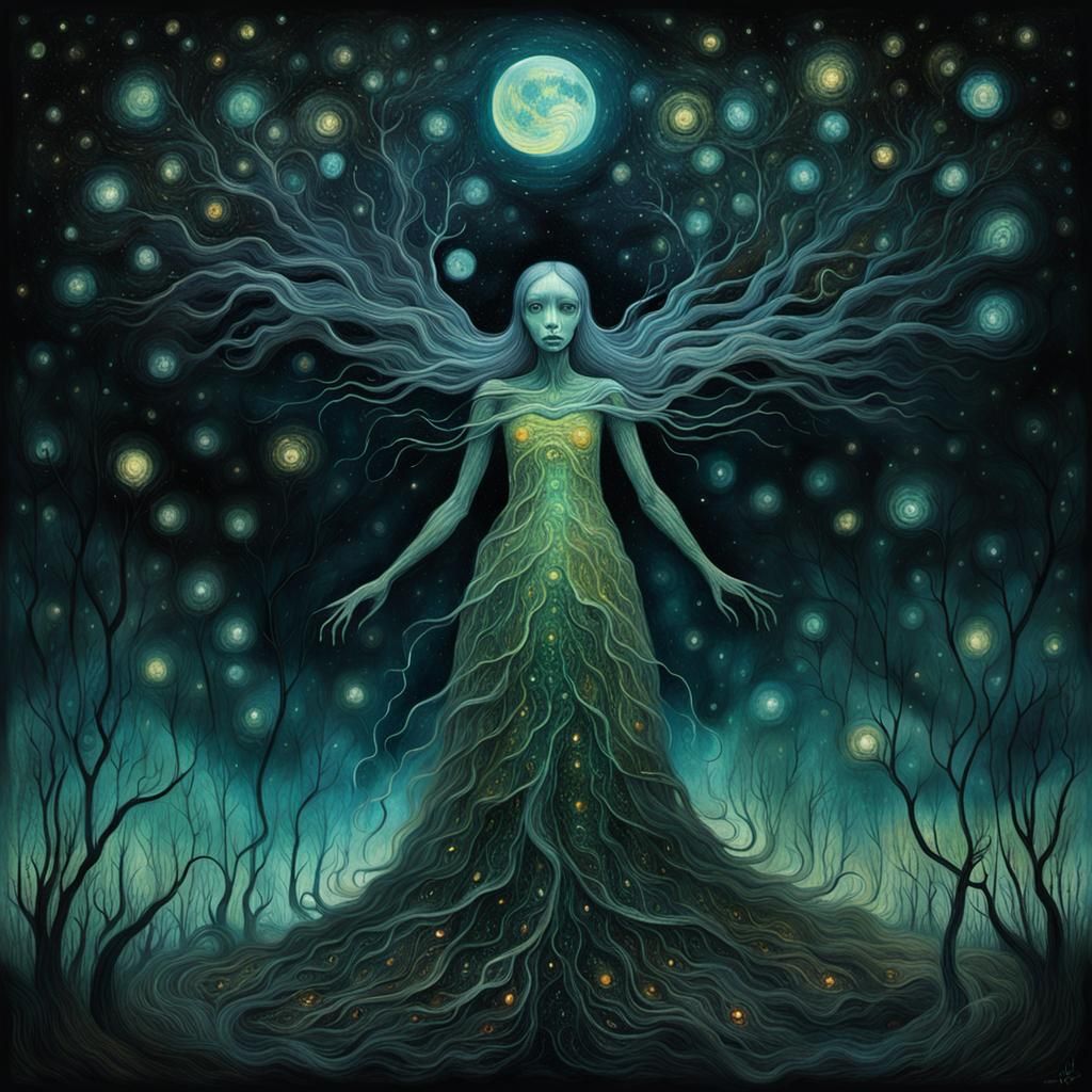 Ethereal Woman of Ectoplasm in Bioluminescent Digital Painti...
