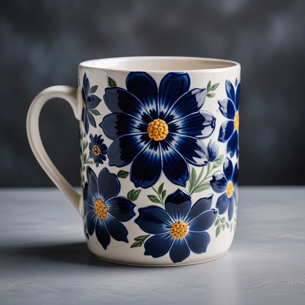 Ceramic Mug with Dark Blue Flowers in Meticulous Artistic St...