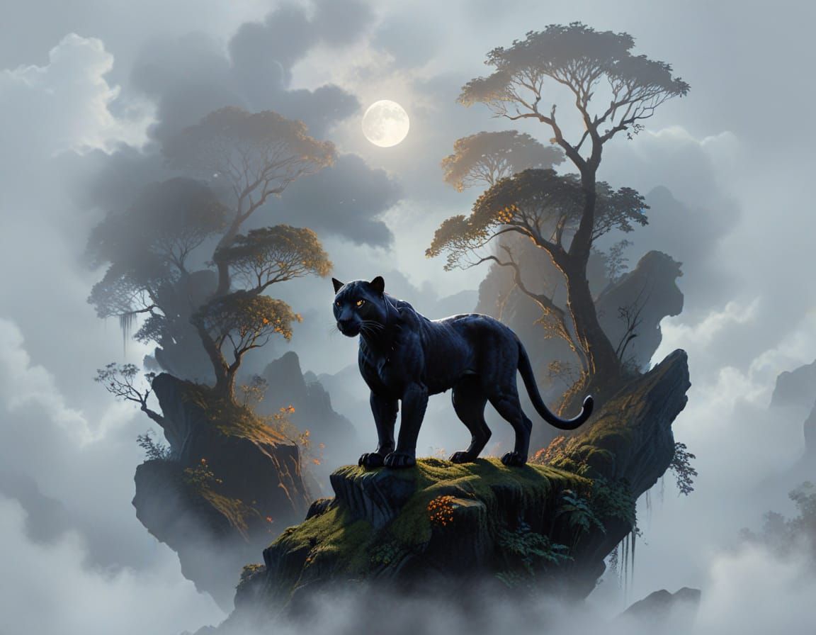 Black Panther in Misty Moonlight Forest, Painterly Realism