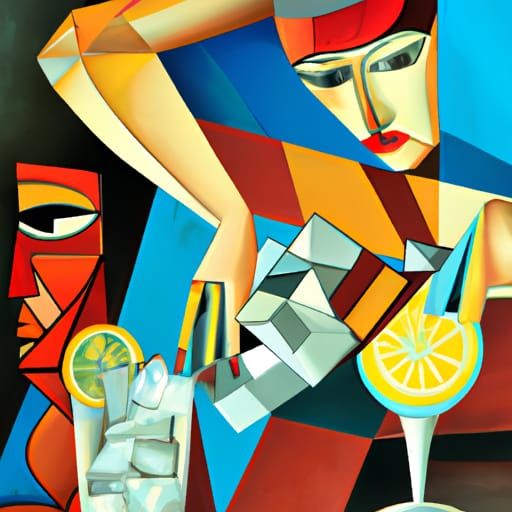 Cubist Bartender Preparing a Cuba Libre Cocktail