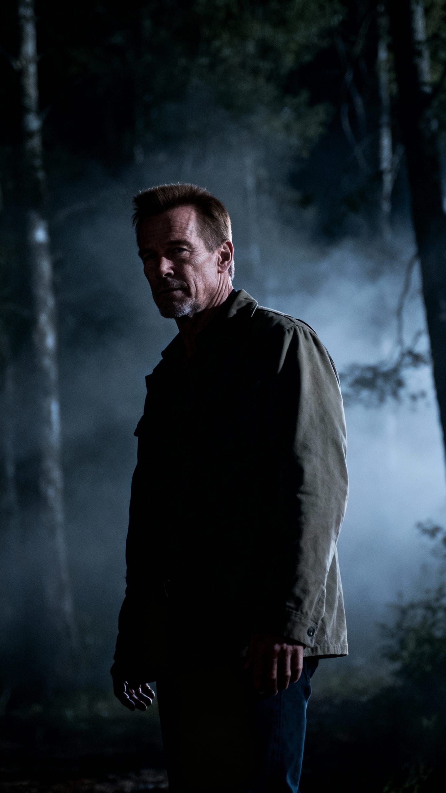 Man in Misty Forest at Night, Noir Style