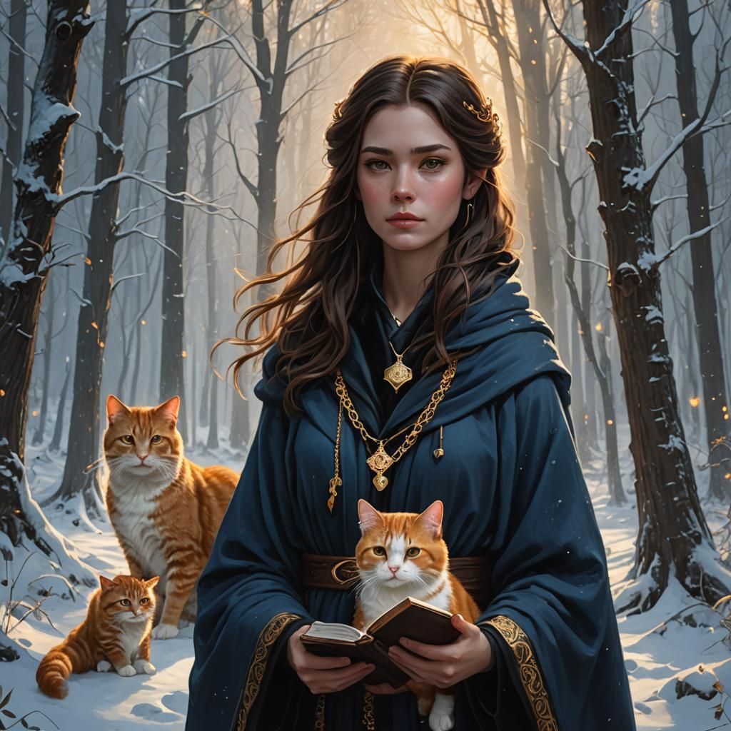 Girl with Cats and Dragon in Snowy Forest