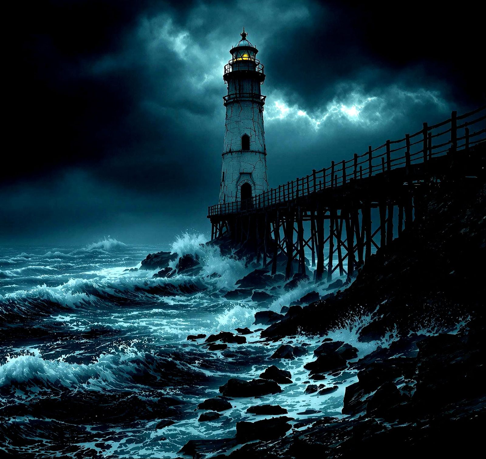 Eerie Photorealistic Lighthouse at Midnight