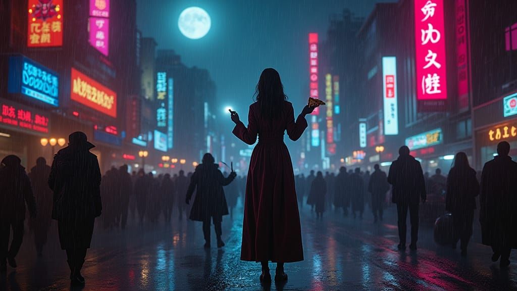 Cyberpunk Pizza Moon: Neon Dystopian Woman